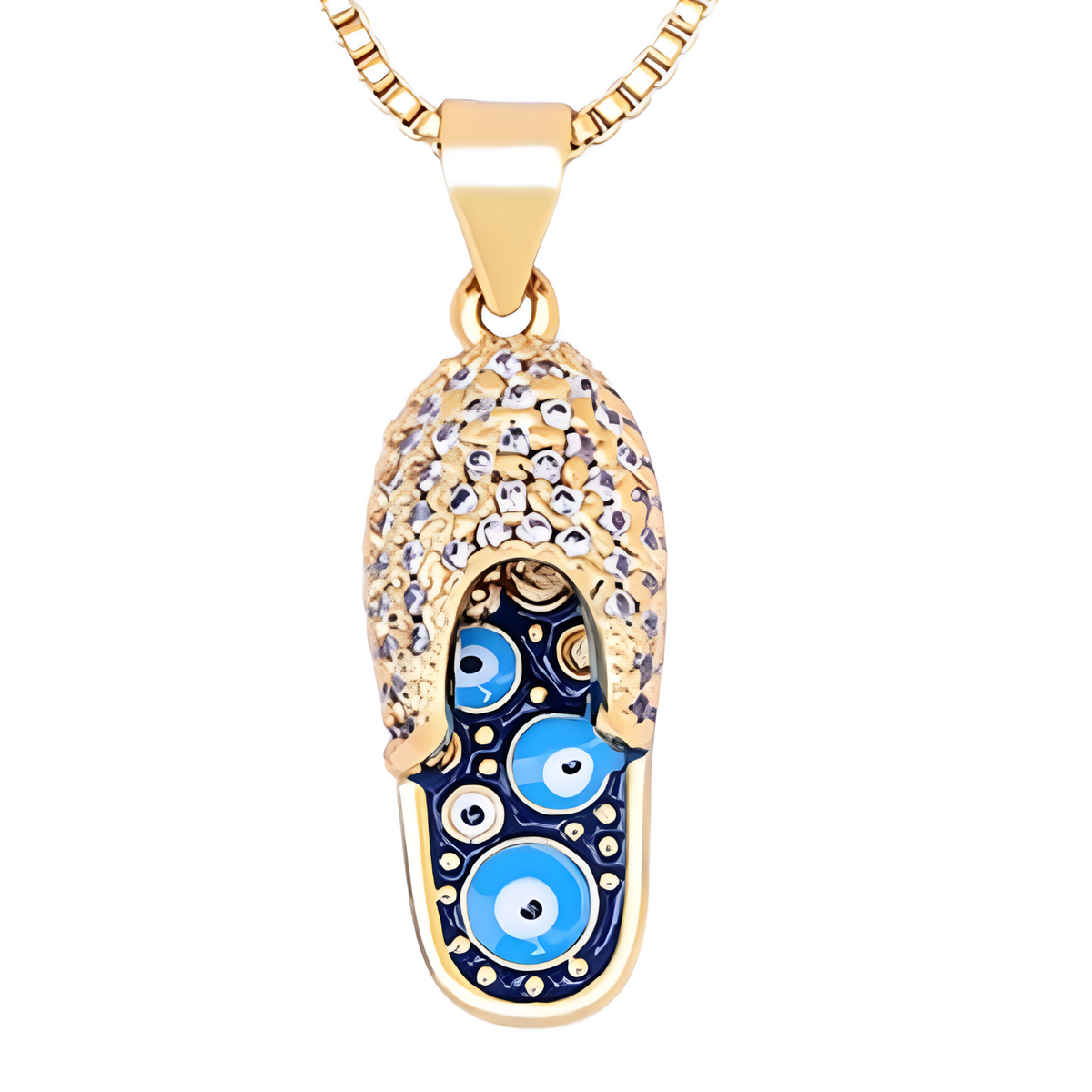 Enamel Slipper Pendant Necklace with Blue Evil Eye Design, Boho Gold-Tone B160