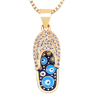 Enamel Slipper Pendant Necklace with Blue Evil Eye Design, Boho Gold-Tone B160