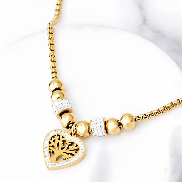 316L Stainless Steel Heart Tree of Life Pendant Necklace Trendy Gold  Chain 1077