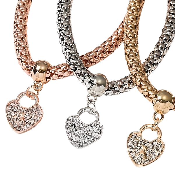 3-Piece Heart Charm Bracelet Set for Women – Rose Gold, Silver & Gold Plated 697