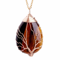 Gold Tiger Eye Tree Of Life Pendant Necklace For Women Oval Gemstone 1341