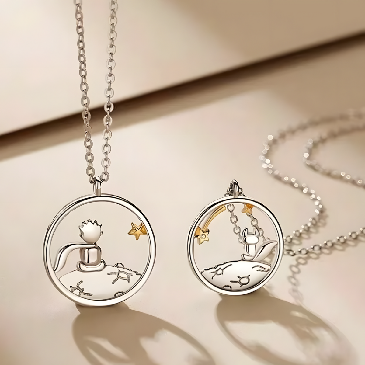 Zinc Alloy Little Prince & Fox Couple Necklace Set of 2 – Silver Tone  1090