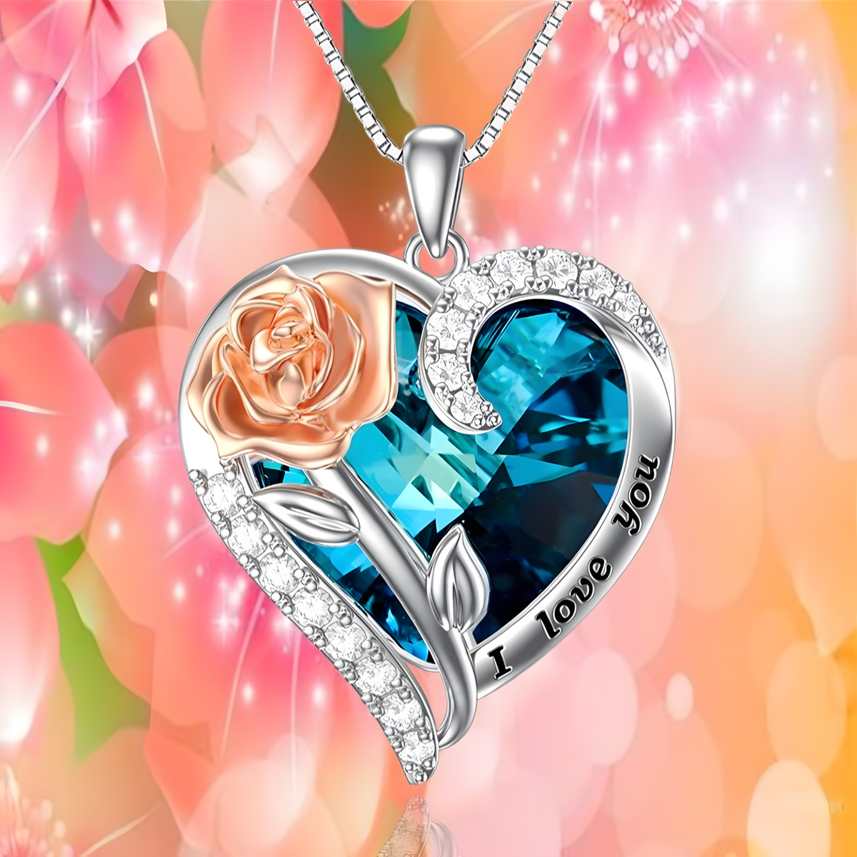 Fashion "I Love You" Rose Flower Pendant Necklace Ladies Heart Crystal Jewel B14
