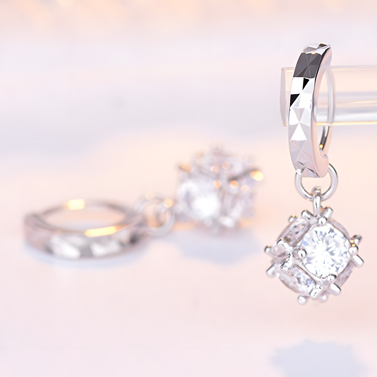 925 Silver Hoop Earrings for Women Geometric Cube Drop Design Cubic Zirconia 915