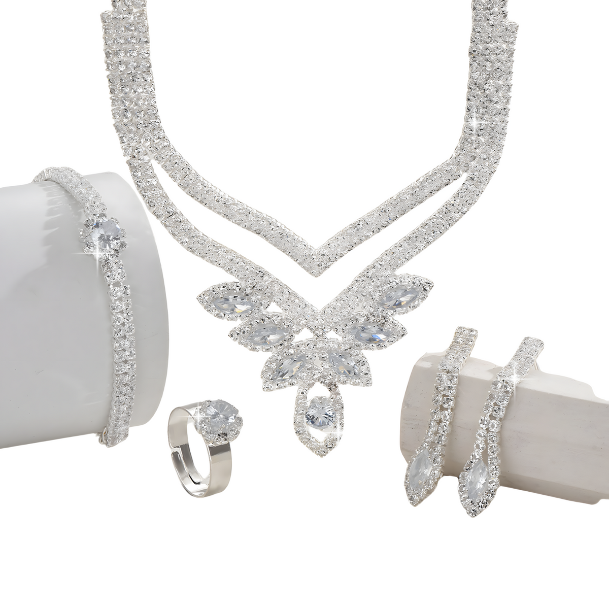 4PC Rhinestone Jewelry Set Women, Silver-Tone Leaf Claw Chain Dangle Earring 635