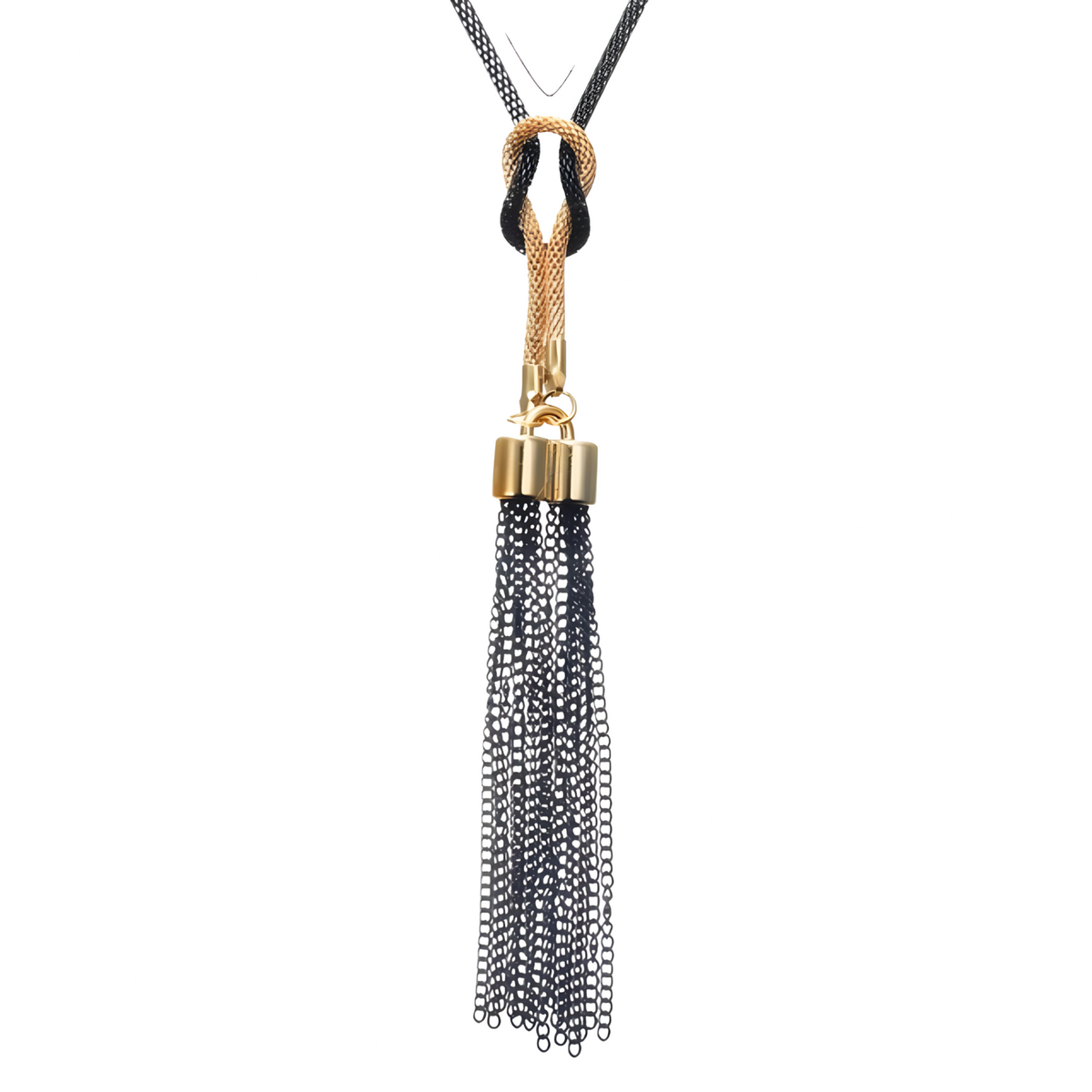 Black Mesh Sweater Chain Necklace with Gold-Plated Tassel Pendant-72cm Long 1448