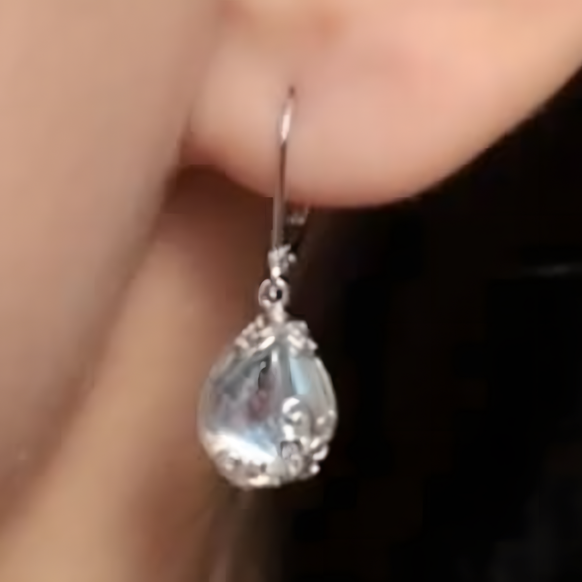 Blue Moonstone Teardrop Dangle Earrings -Filigree Teardrop Dangle Leverback 1451