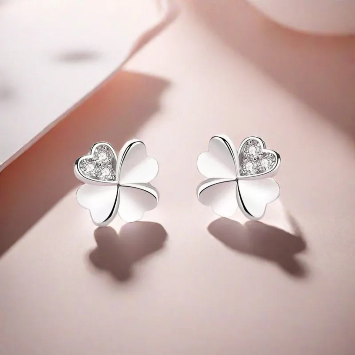 925 Silver-Plated Four Leaf Clover Heart Stud Earrings Women Crystal Accent 1055