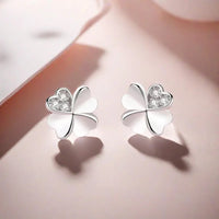925 Silver-Plated Four Leaf Clover Heart Stud Earrings Women Crystal Accent 1055