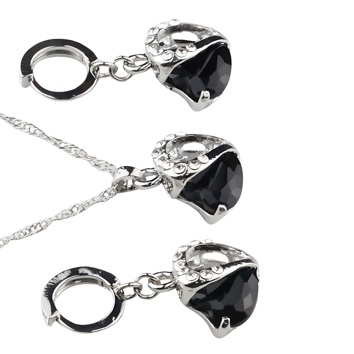 Jet Black Heart Necklace and Earrings Set for Women, Black Heart Pendant 1304