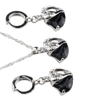 Jet Black Heart Necklace and Earrings Set for Women, Black Heart Pendant 1304