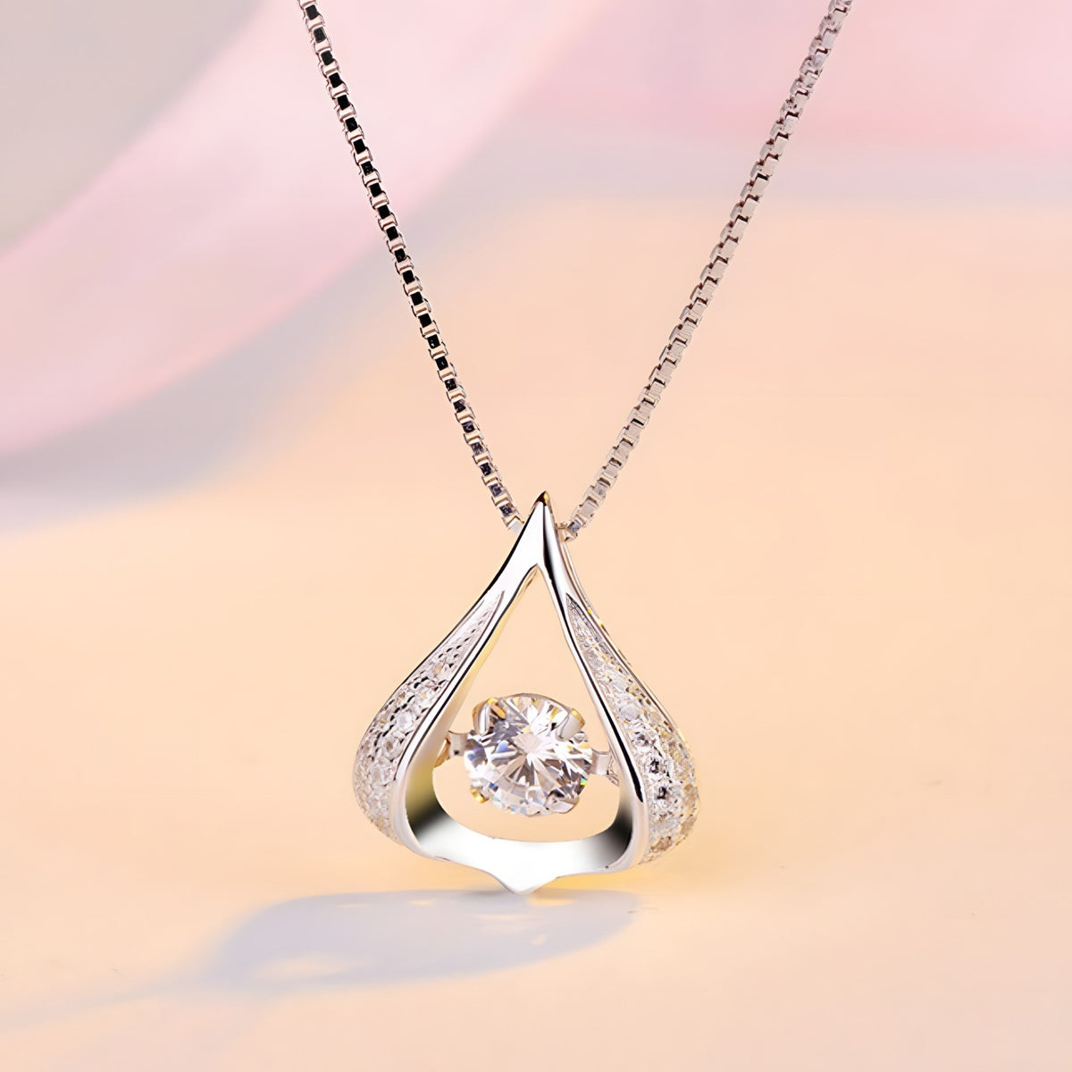 925 Sterling Silver Beating Heart Necklace for Women -Water Drop Crystal AAA 404