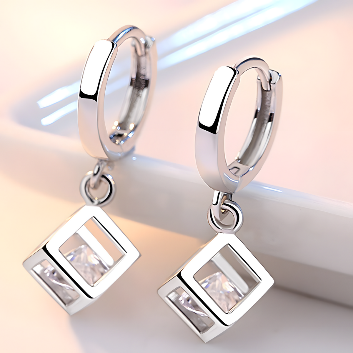 925 Silver-Plated Geometric Cube Drop Earrings for Women Alloy Hoop Earrings 916