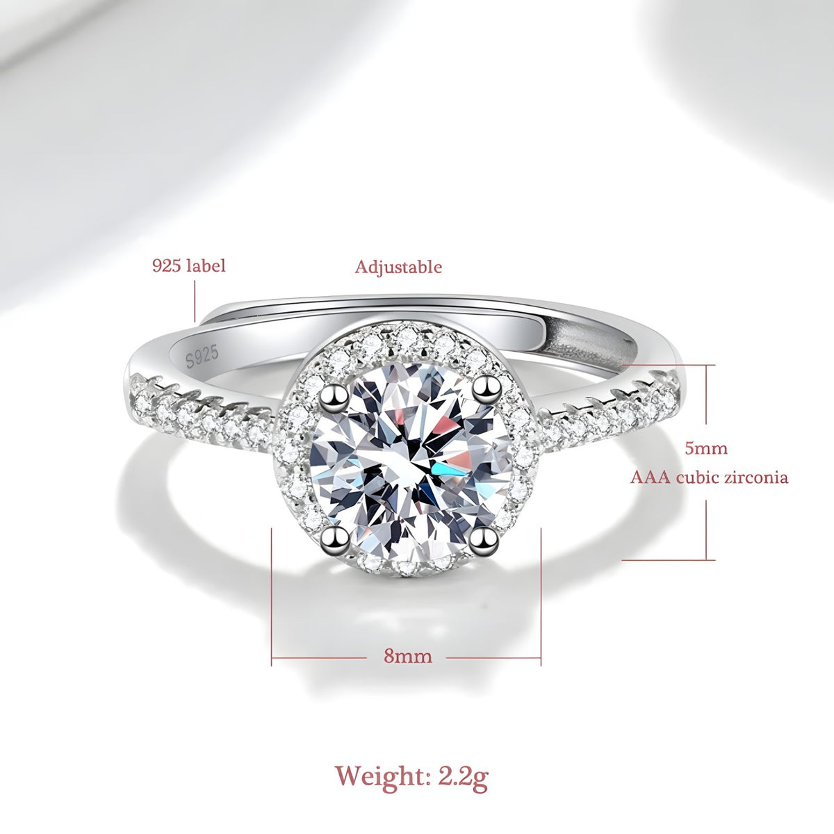 925 Sterling Silver AAA Cubic Zirconia Halo Engagement Ring, 8mm Round Cut 376