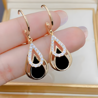 Gold Water Drop Dangle Earring Women–Zinc Alloy Teardrop Design Black Stone 1147