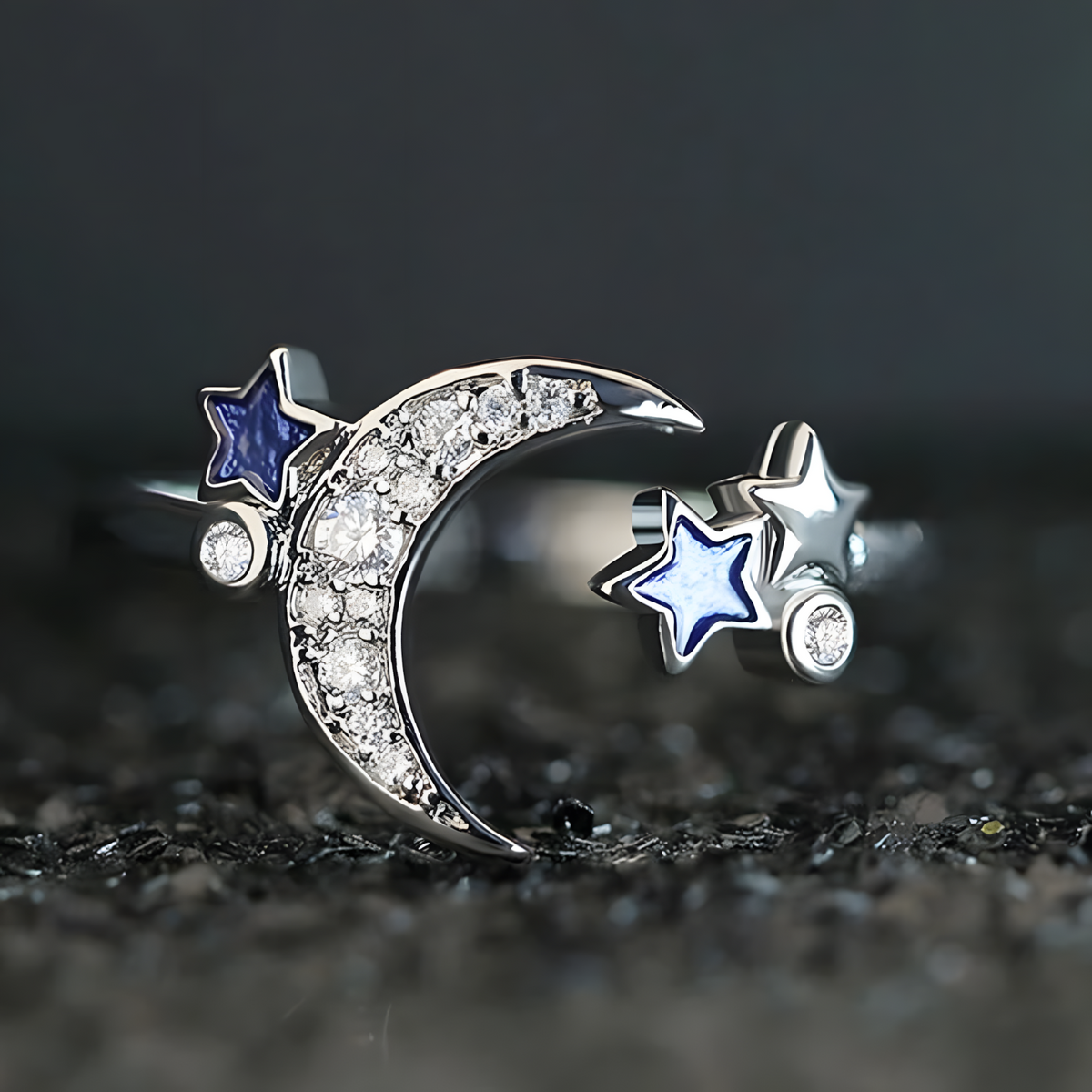 925 Sterling Silver Moon and Star Adjustable Ring Rhinestone Celestial Ring 367