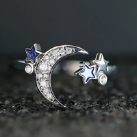 925 Sterling Silver Moon and Star Adjustable Ring Rhinestone Celestial Ring 367