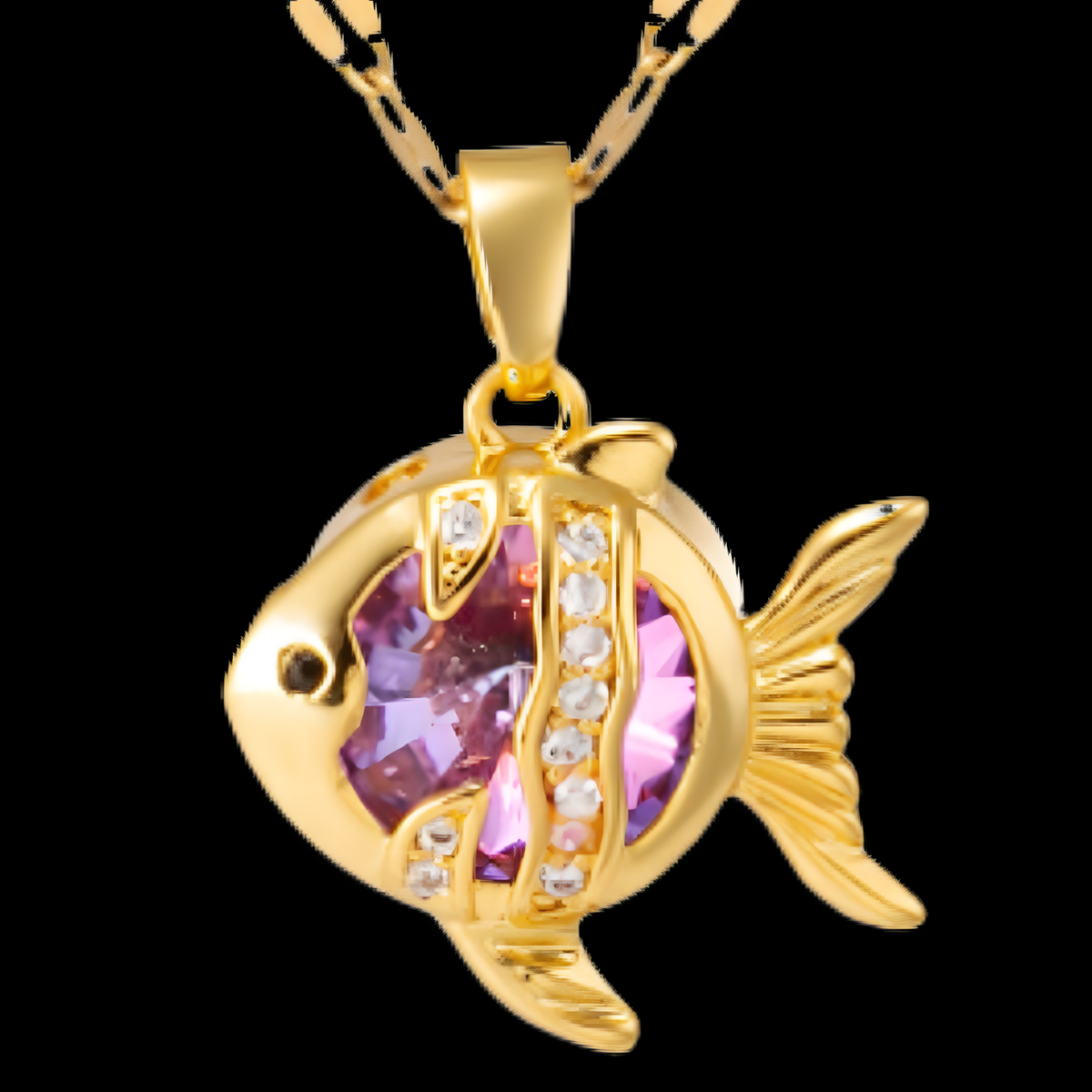 Stainless Steel Gold Colour Fish Pendant Necklace Women – Purple Crystal 1177