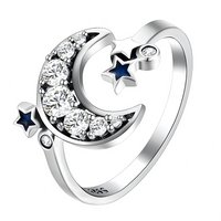 925 Sterling Silver Moon and Star Adjustable Ring Rhinestone Celestial Ring 367