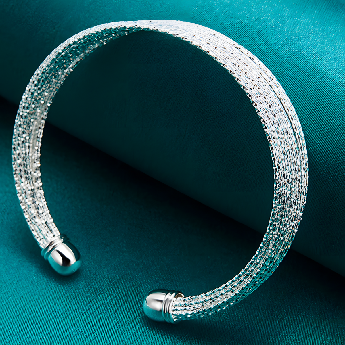 925 Silver-Plated Textured Open Bangle Bracelet Adjustable Unisex Round Cuff 884