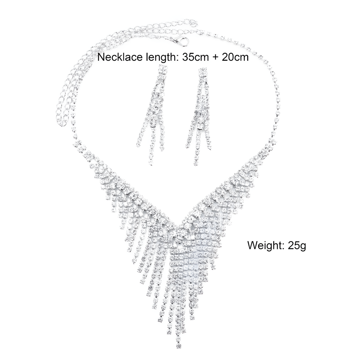 Bridal Crystal Rhinestone V-Shape Necklace & Dangle Earrings Jewelry Set 435