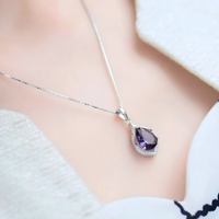 Silver Colour Water Drop Pendant Necklace for Women-Purple Crystal Teardrop 669