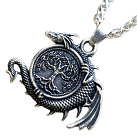 Viking Dragon Tree of Life Pendant Necklace Men– Stainless  Nordic Run 1067