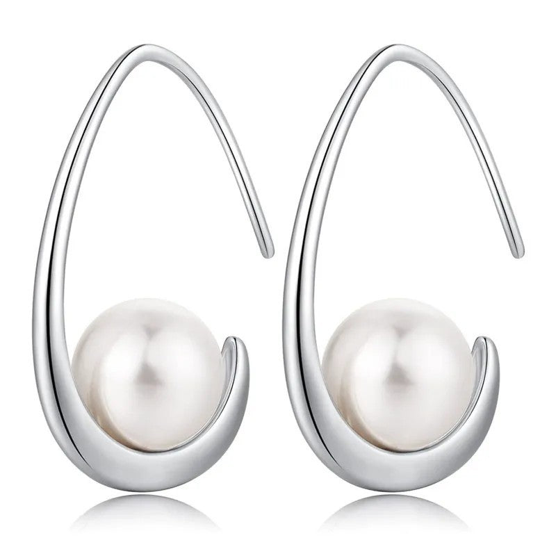 Pearl Style Zircon Drop Earrings Women – Geometric Silver-Tone Hook Design 1021