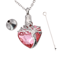 Heart Tree of Life Urn Necklace Crystal Funnel Filler 316L Stainless Steel B210