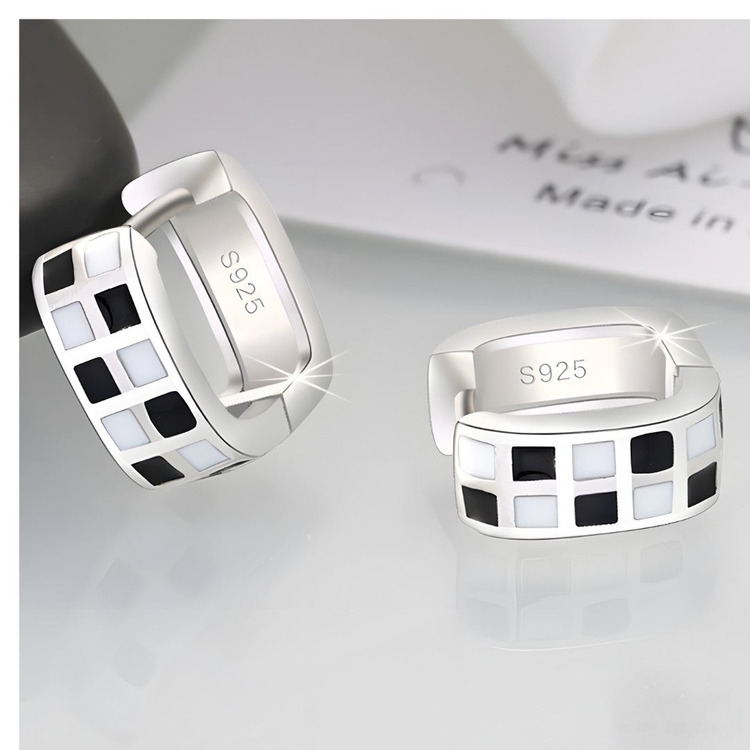 925 Silver-Plated Checkered Hoop Earrings for Women – Black & White Enamel 945