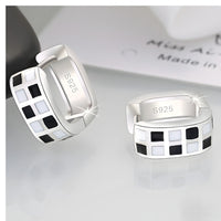925 Silver-Plated Checkered Hoop Earrings for Women – Black & White Enamel 945