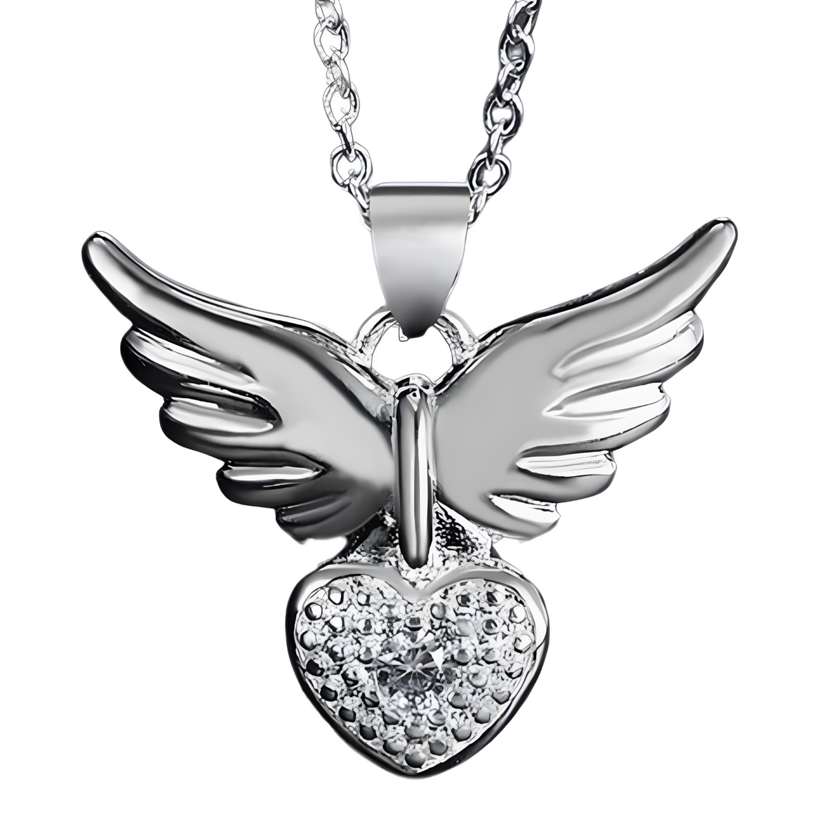 925 Sterling Silver Love Heart Angel Wing Zircon Pendant Necklace B43
