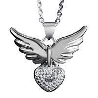 925 Sterling Silver Love Heart Angel Wing Zircon Pendant Necklace B43