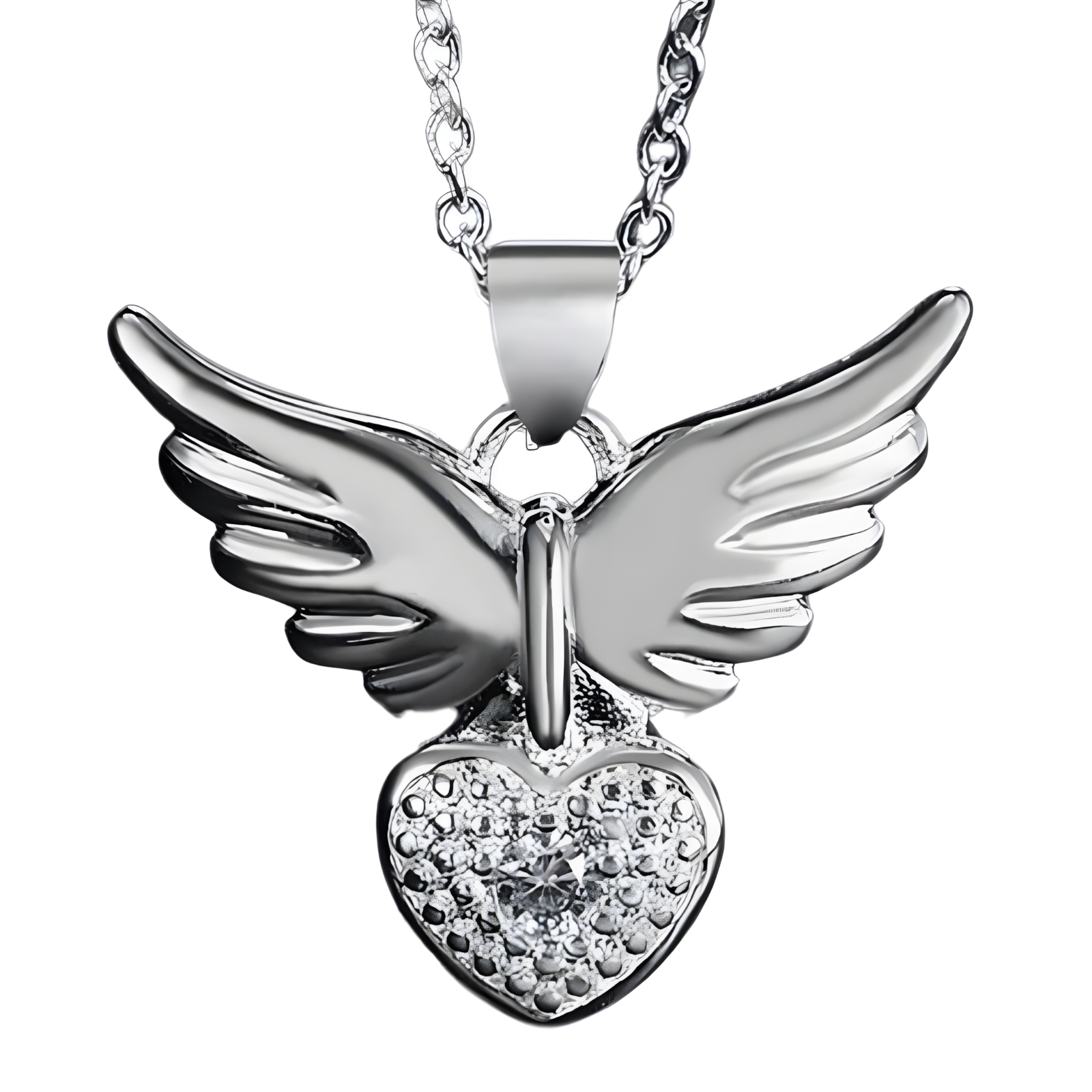 925 Sterling Silver Love Heart Angel Wing Zircon Pendant Necklace B43