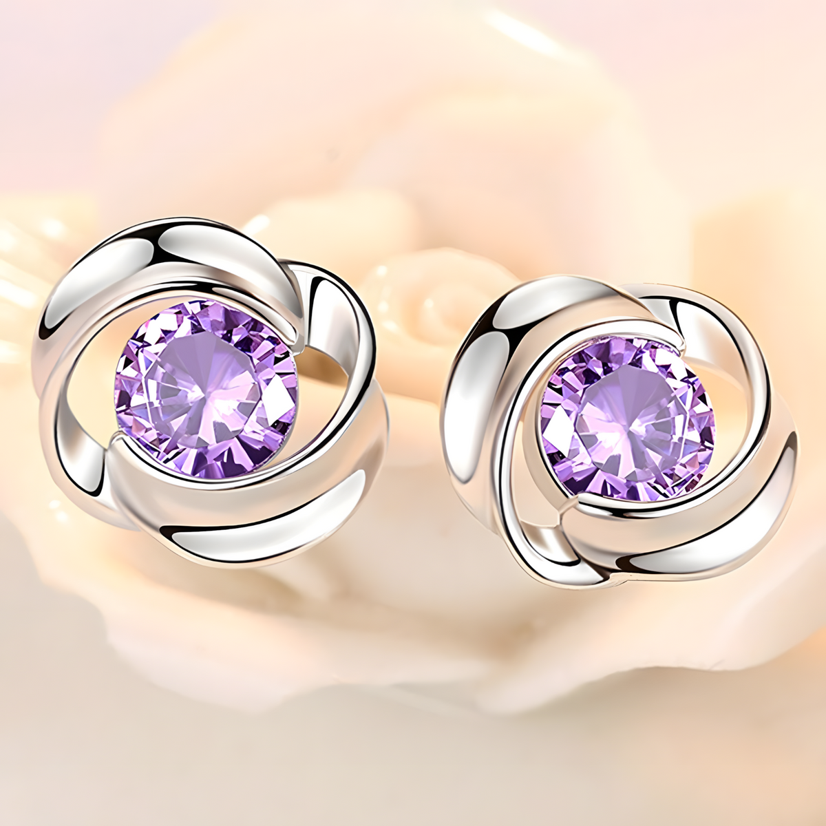 Purple Crystal Swirl Stud Earrings Women Elegant Round Cut CZ in 925 Silver 951