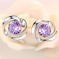Purple Crystal Swirl Stud Earrings Women Elegant Round Cut CZ in 925 Silver 951