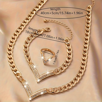 3 PCS Gold V-Shape Rhinestone Jewelry Set Women Sparkling Necklace, Bracelet 710