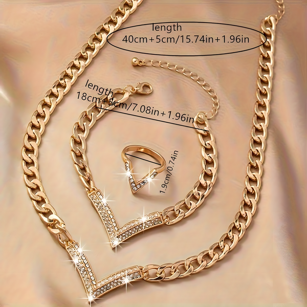 3 PCS Gold V-Shape Rhinestone Jewelry Set Women Sparkling Necklace, Bracelet 710