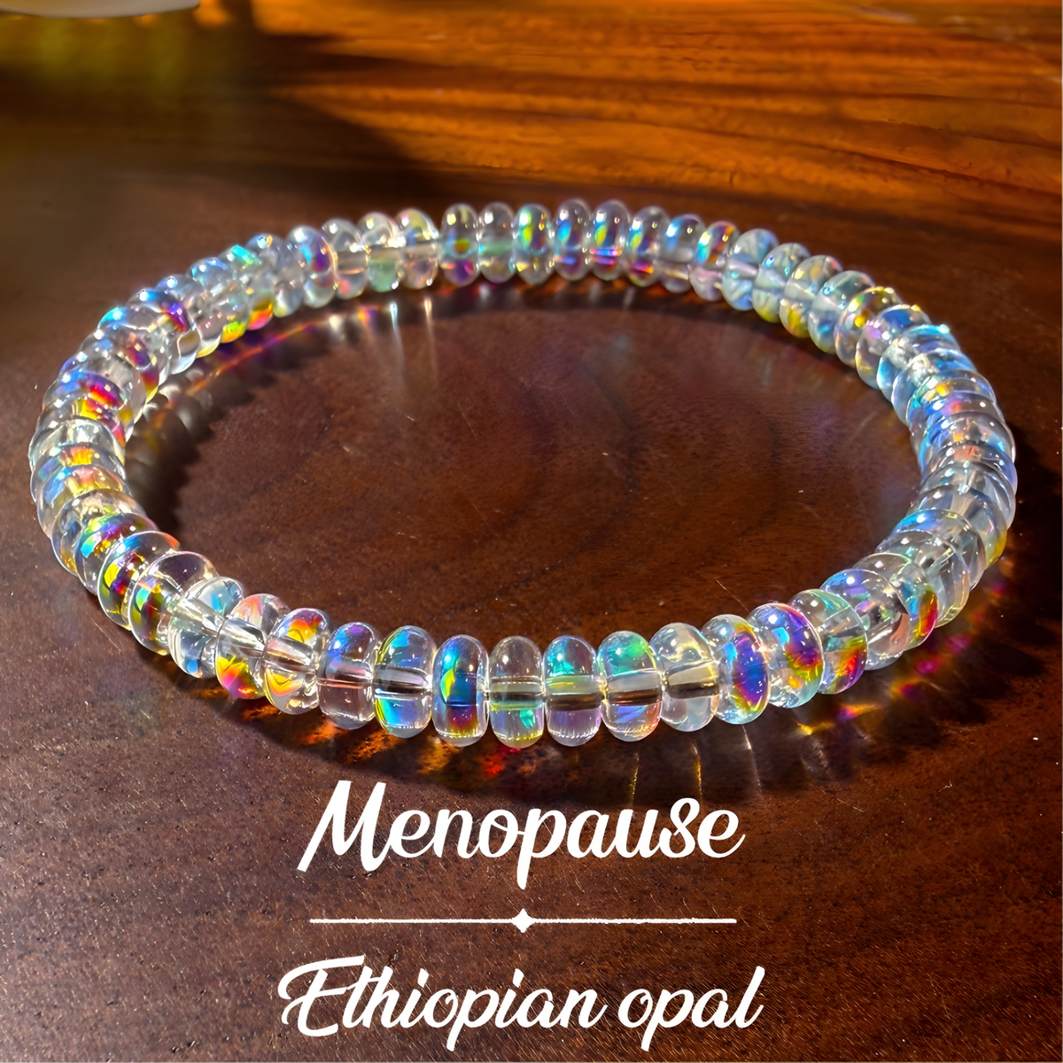 Iridescent Opal Bead Stretch Bracelet, Rainbow Flash Crystal Look, Trendy 1726