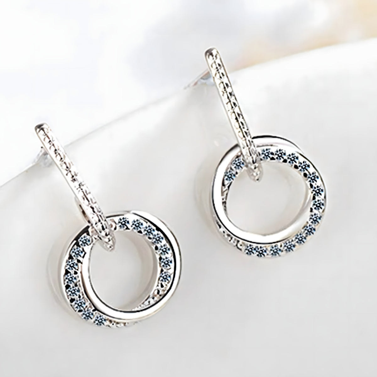 Sterling Silver Double Circle Drop Earrings with Rhinestone Accents Elegant 346
