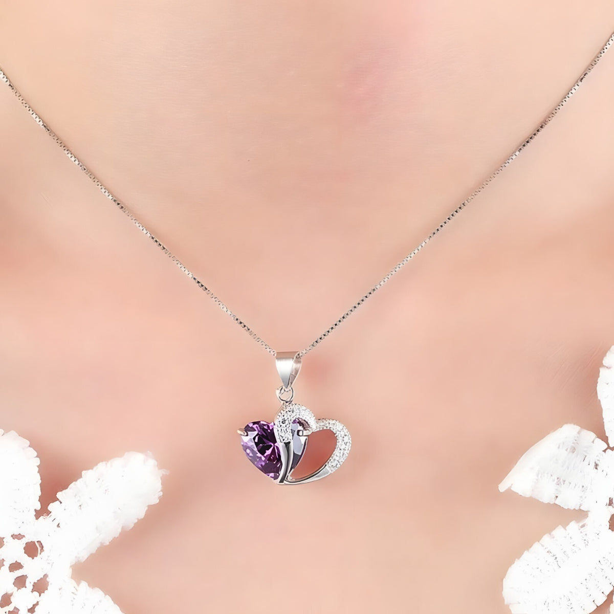 925 Sterling Silver Heart Necklace with Purple AAA Cubic Zirconia, Dainty  269