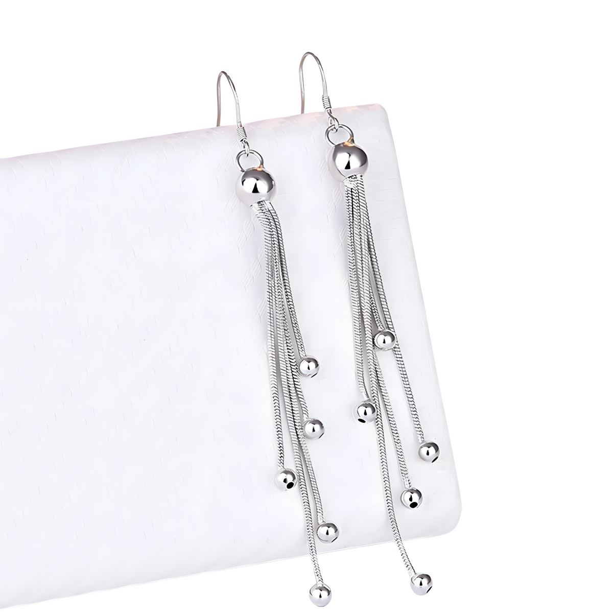 925 Sterling Silver Multi-Layered Long Chain Drop Earrings with Ball Beads 327