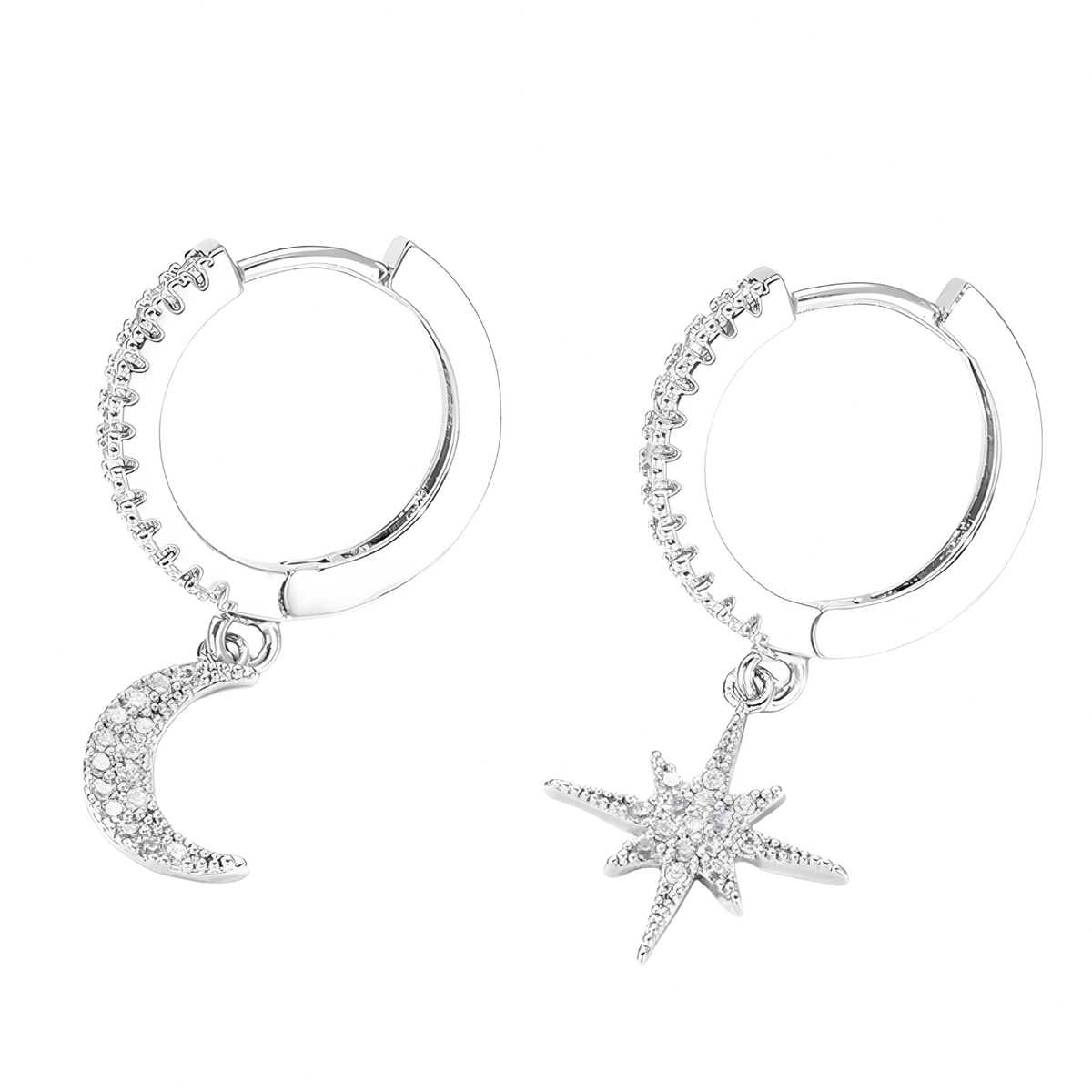 Asymmetric Celestial Hoop Earrings – Moon & Star Charms with Crystal Detail 1128