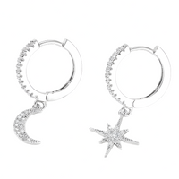 Asymmetric Celestial Hoop Earrings – Moon & Star Charms with Crystal Detail 1128
