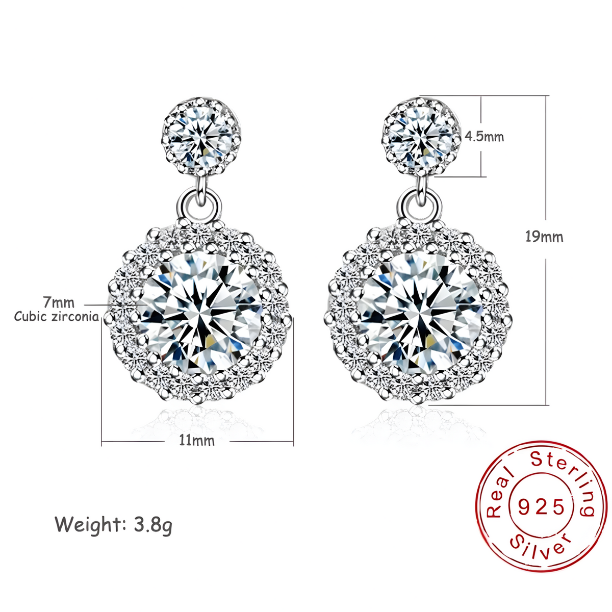 925 Sterling Silver Round Cut Cubic Zirconia Drop Earrings Halo Dangle 319