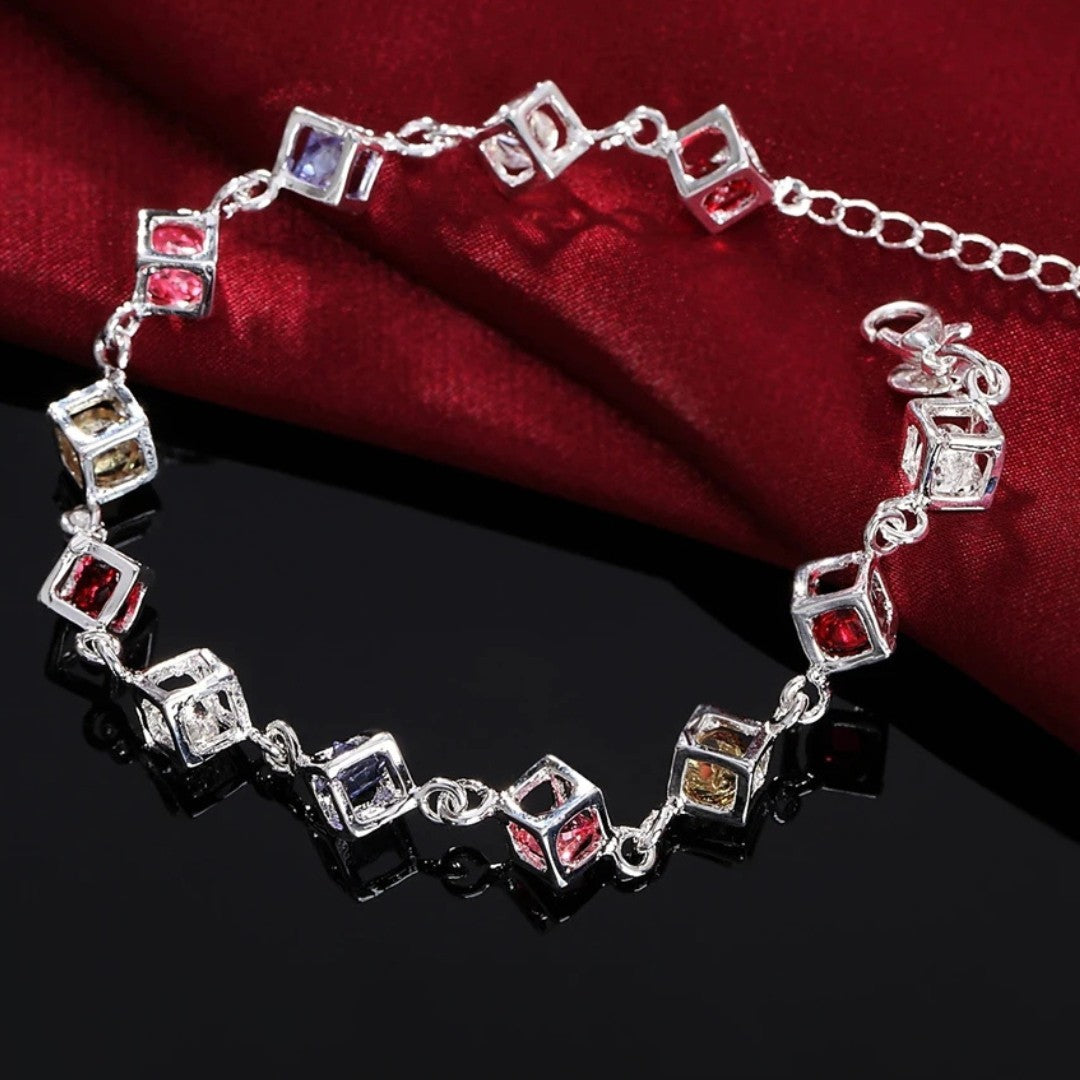 Silver Tone Cube Charm Bracelet with Colourful Rhinestone Crystals 417