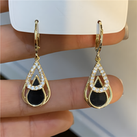 Gold Water Drop Dangle Earring Women–Zinc Alloy Teardrop Design Black Stone 1147