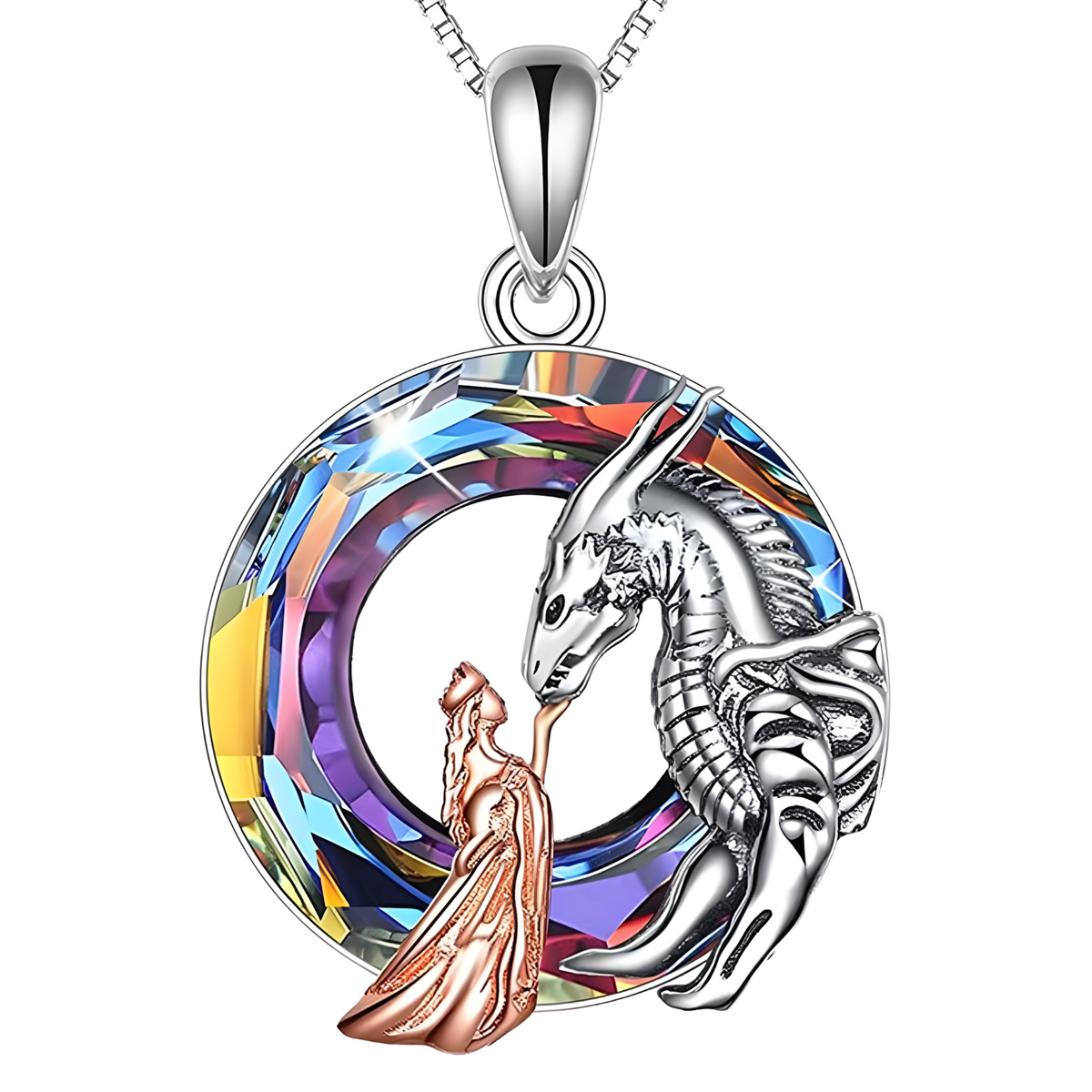 Unified Jewellery Dragon & Queen Crystal Pendant Necklace Silver Tone B58