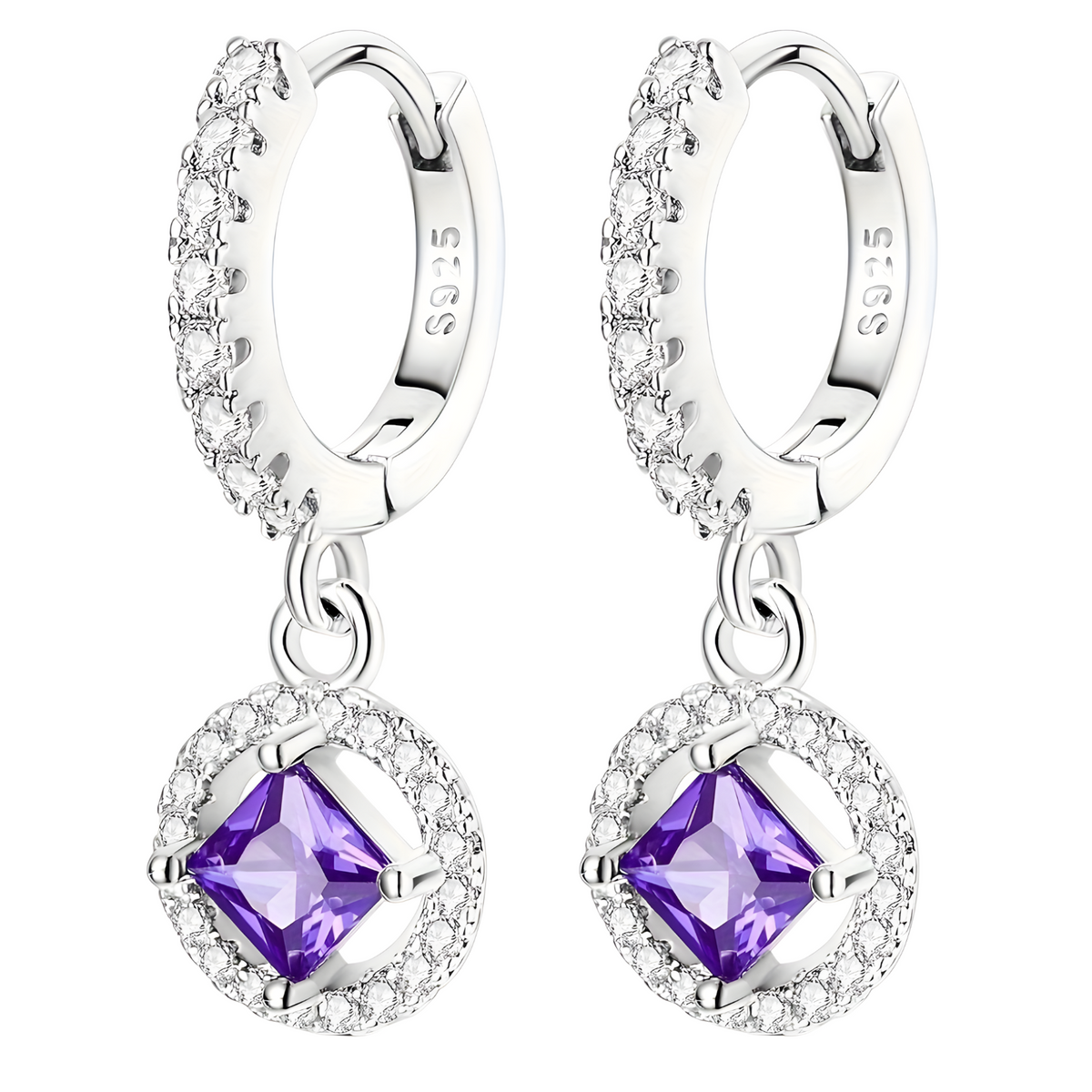 925 Sterling Silver Purple Zircon Drop Earrings Women –Elegant Square Dangle 834