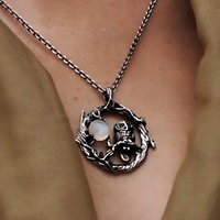 Zinc Alloy Natural Stone Owl Necklace for Women – Silver Tone Crescent Moon 1091